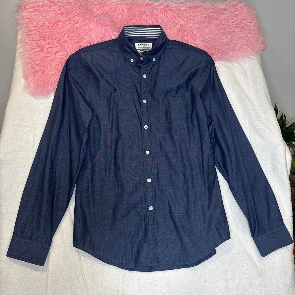 Express Soft Wash Mens Small Navy Blue Cotton Long Sleeve Button Down Shirt